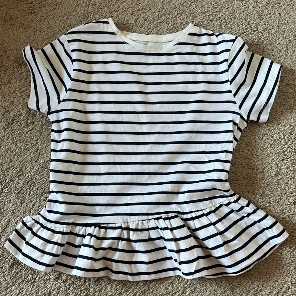 Primark Girl's Ruffle Short Sleeve White Shirt with Navy Stripes Size 6/7